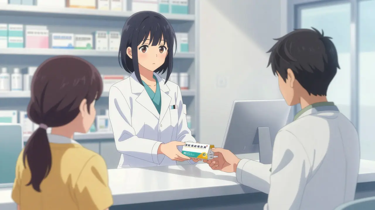 Pharmacien remettant une boîte de médicaments à un patient dans un cadre épuré.