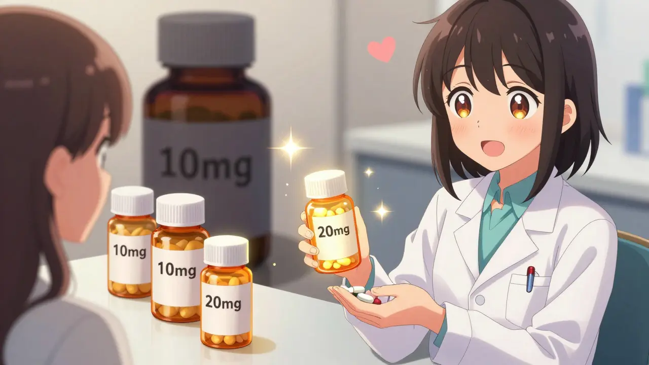 Pharmacien souriant offrant des pilules génériques brillantes à une patiente soulagée.