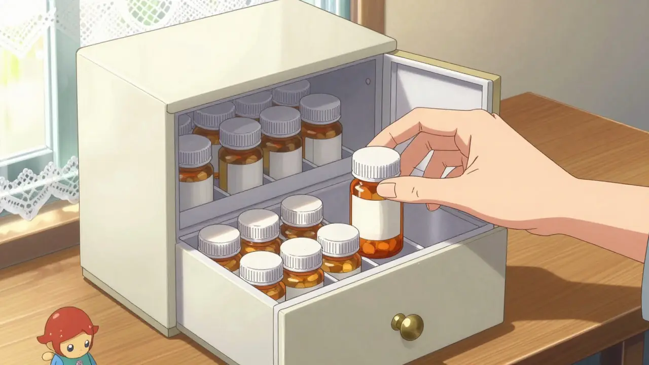 Rangement soigneux de médicaments dans une armoire en style manga